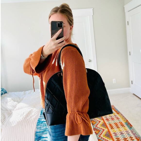 Tory Burch Robinson Logo Monogram Leather Dome Tote Shoulder Bag Black Gold - Picture 3 of 14